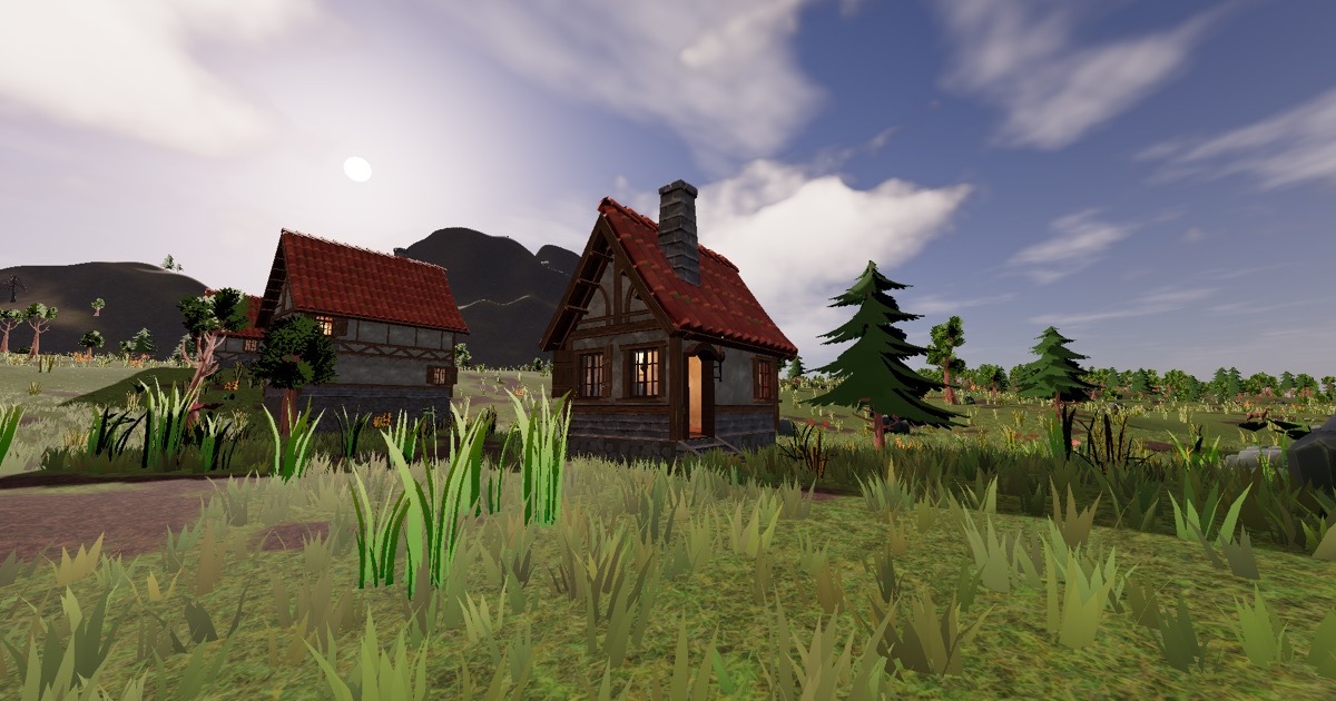 A timber-framed cottage in a grassy meadow in Hearthward