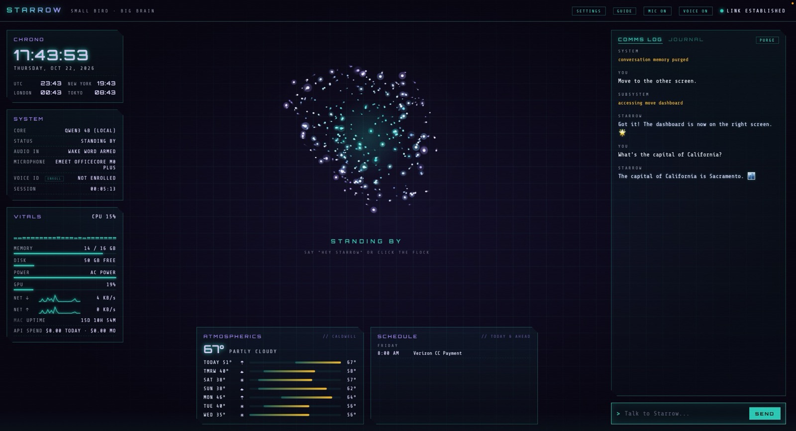 The Starrow dashboard: a flock of particles in the centre, with the time, system vitals, weather, schedule and conversation around it